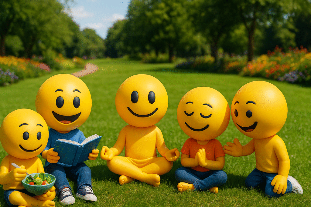 All Happiness Elements ChatGPT Image May 29, 2025, 03_50_55 PM Five happy smiley yellow emojis, one for each of the five happiness elements of measured happiness
