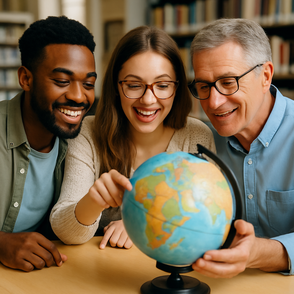 Group of people in educational discussion looking at globe of the world