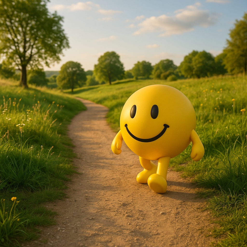 A smiley happy emoji is walking through the countryside along a path in a happy place