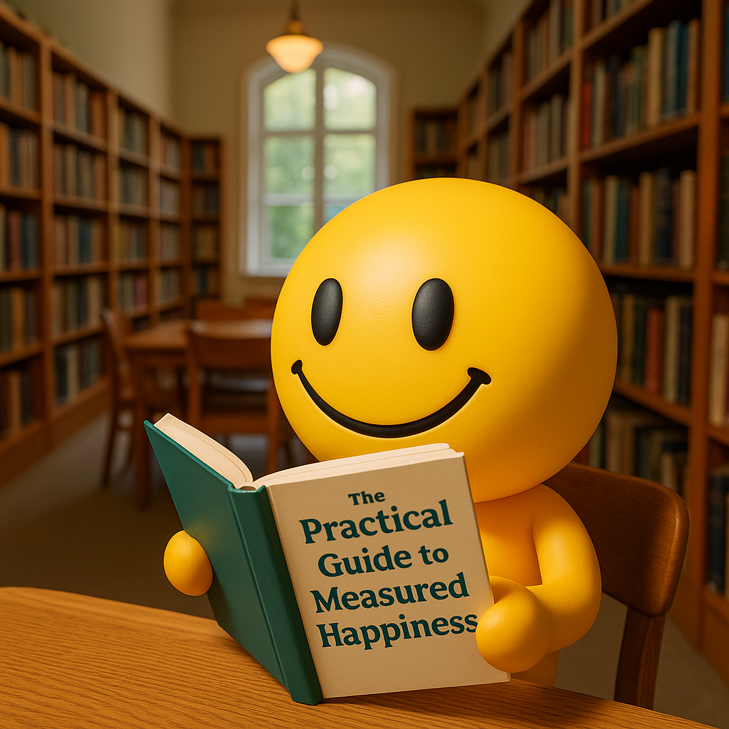 A smiley happy emoji is reading a book (the practical guide to measured happiness) in a happy library