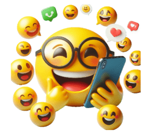 A smiley happy emoji is being sociable surrounded by many other happy smiley emojis