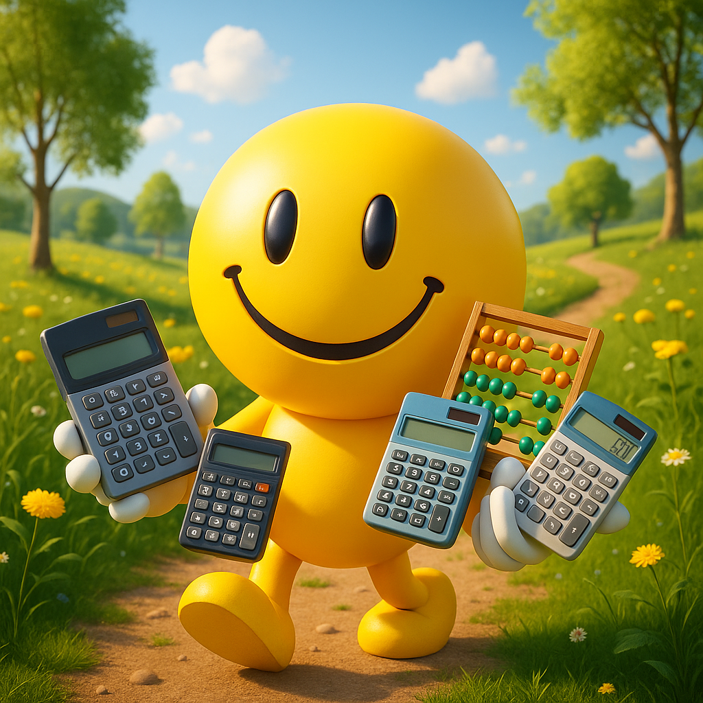 Happy smiley emoji holding lots of devices to produce the happiness calculation
