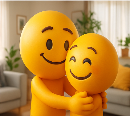 Two yellow smiley emojis hugging each other in a personal relationship