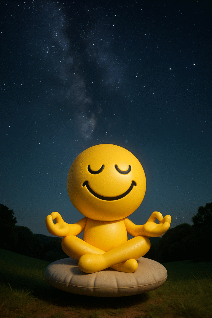 A yellow smiley emoji being spiritual looking up to a sky full of stars