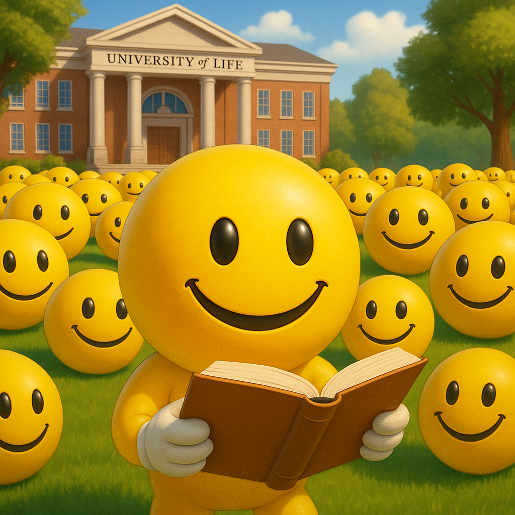 A group of yellow smiley emojis educating themselves at the university of life