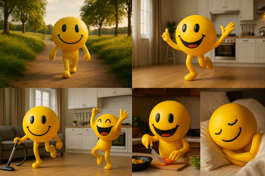Five happy smiley emojis being physical