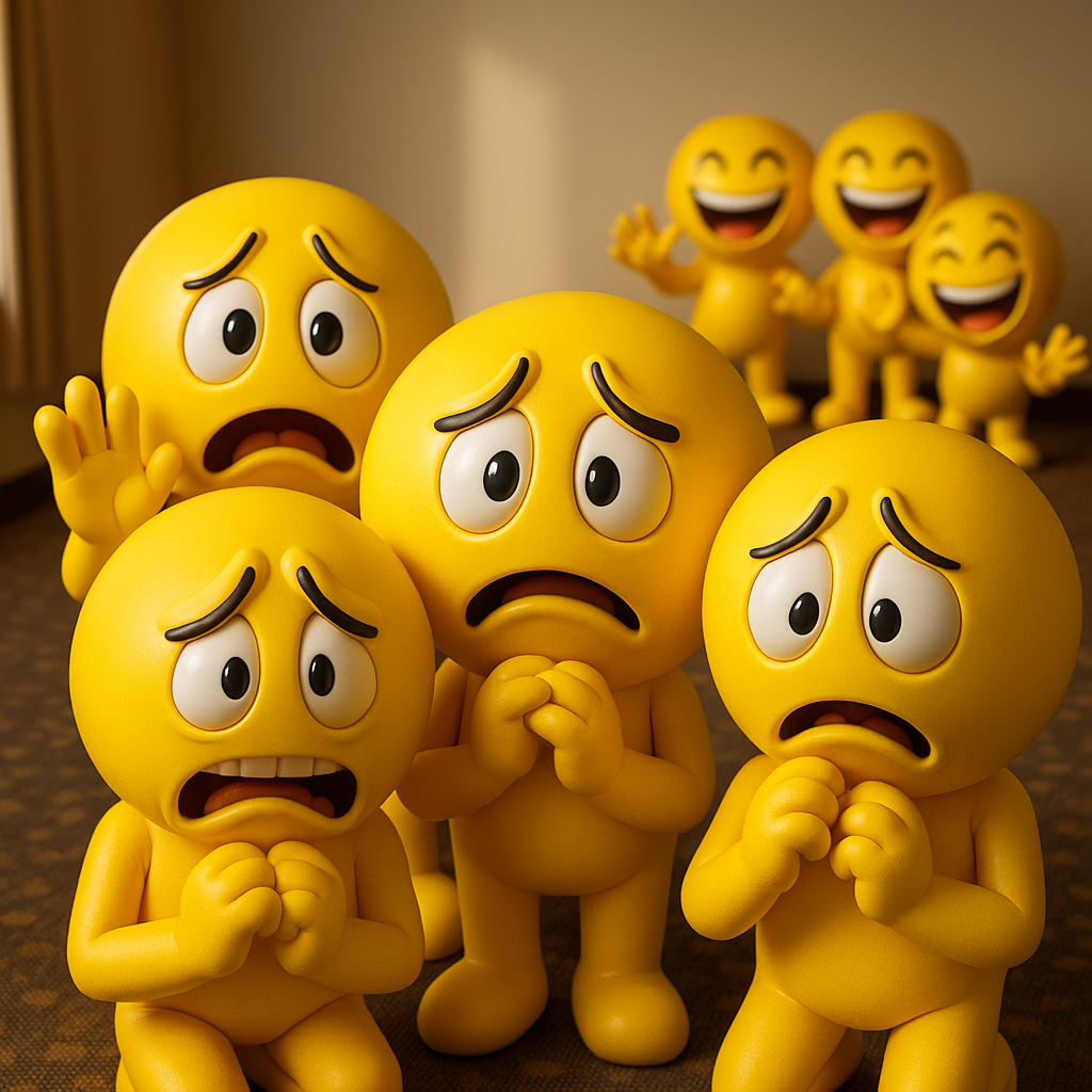 A group of yellow smiley emojis being scare to be social