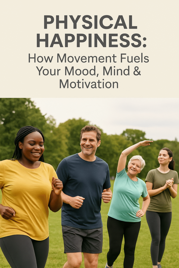 Physical Happiness represented by image of four people with diverse body types and ages giving an inclusive, non-athletic vibe