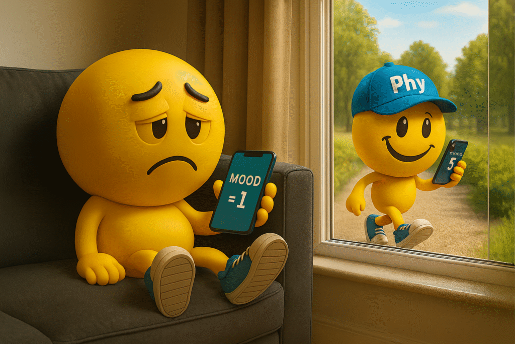 Two yellow smiley emojis showing improvement in physical happiness. One is sittting os a sofa with low mood and te is walking showing improved mood