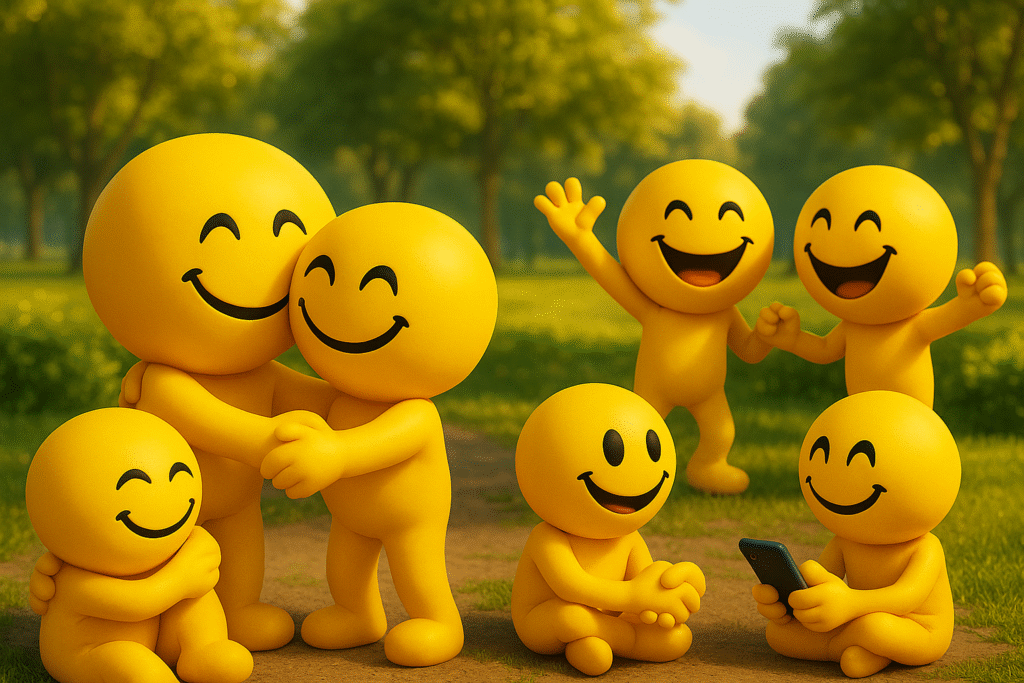 Group of happy smiley yellow emojis demonstrating social happiness 