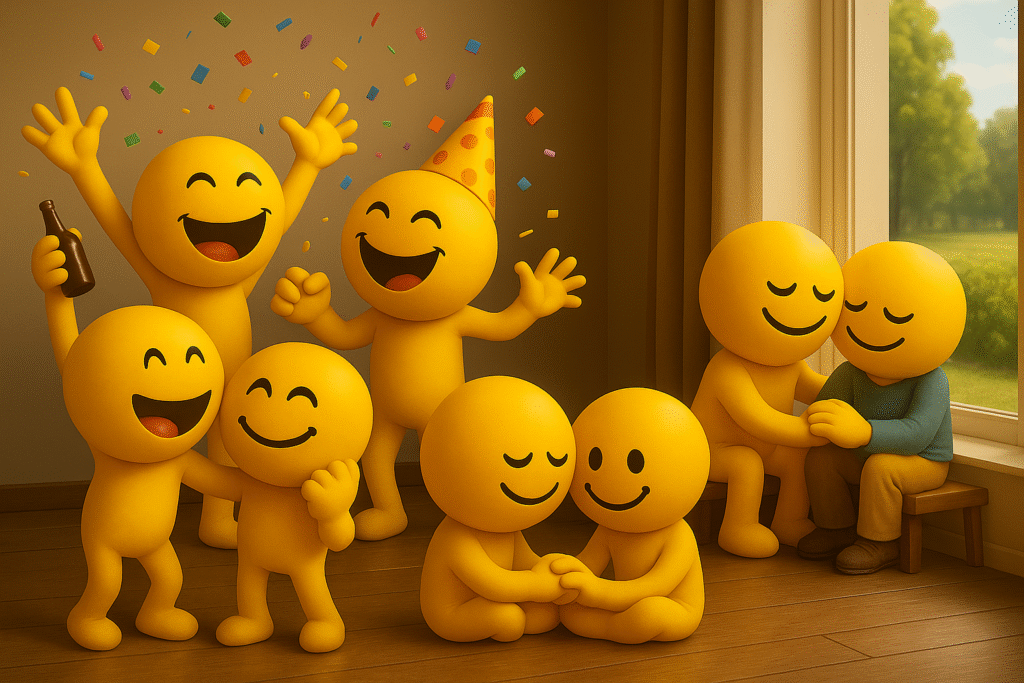 A group of yellow smiley emojis having a part and having quiet converstion showing social happiness