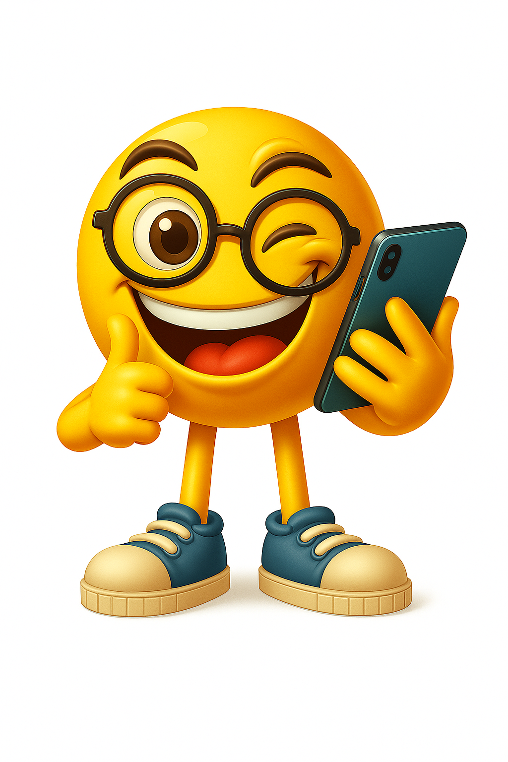 a yellow smiley emoji holding a mobile phone to use the app to record social happiness