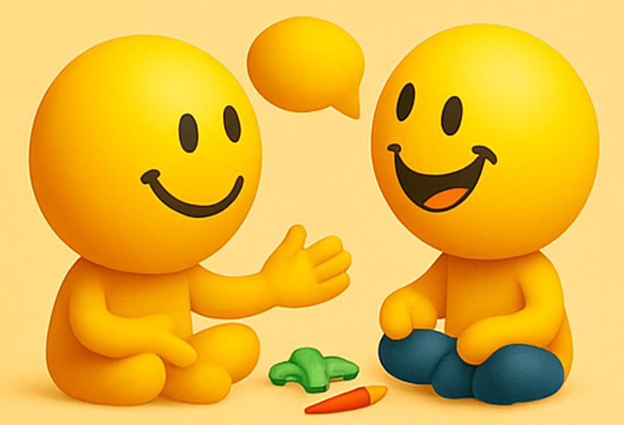 Two yellow smiley emojis sharing a social happiness activity